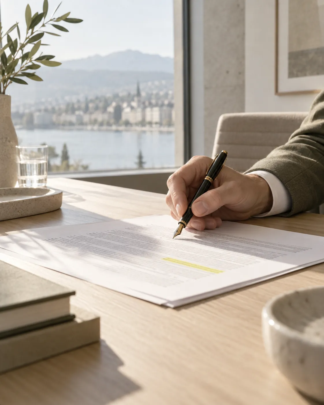 A hand signing a contract with one clause highlighted in yellow