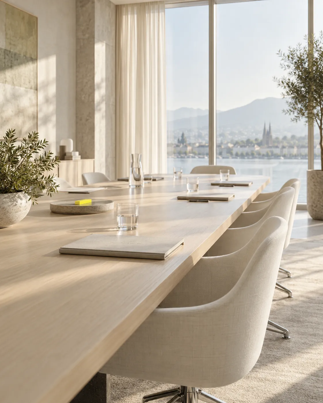 A long pale oak boardroom table set for a meeting