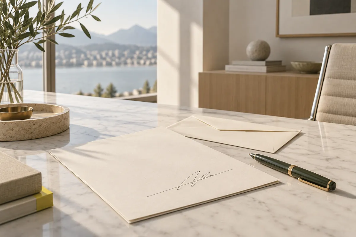A signed document and an envelope on a marble desk in morning sun