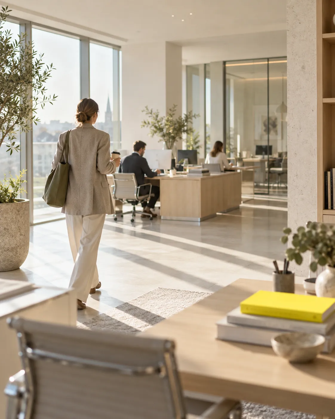 A bright open office in the morning, someone walking in