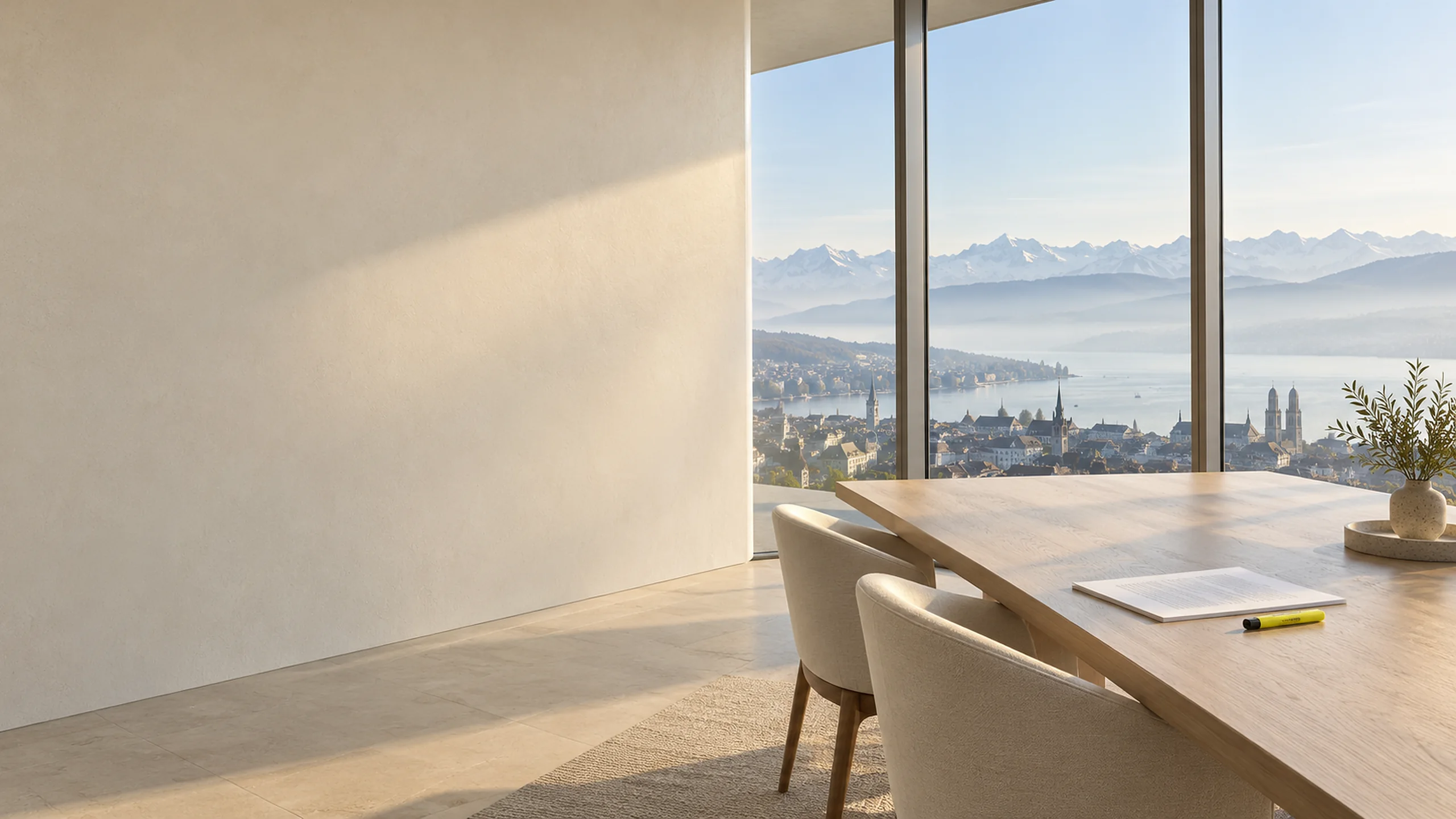 A bright meeting room above Zurich: an oak table with a contract and a yellow highlighter, the lake and the Alps through tall windows