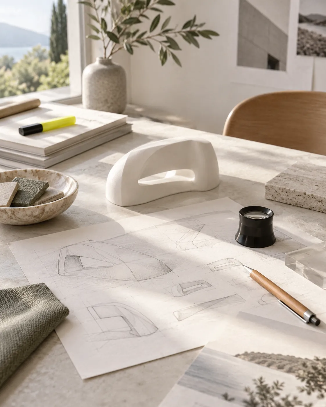 A white product prototype, sketches and a loupe on a desk