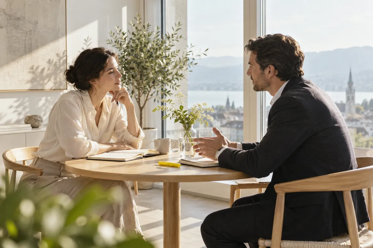 Two people talking at a round table by a window