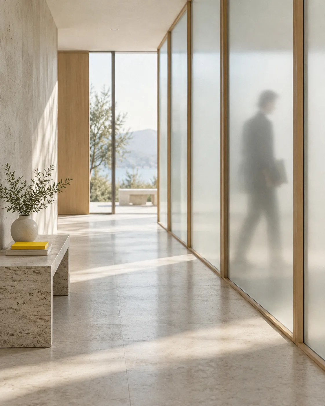 A silhouette behind frosted glass in a daylight corridor