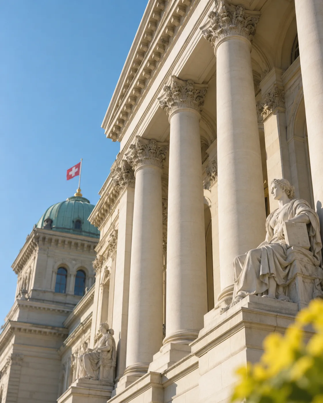 Sandstone columns of the Swiss Federal Palace under a clear sky