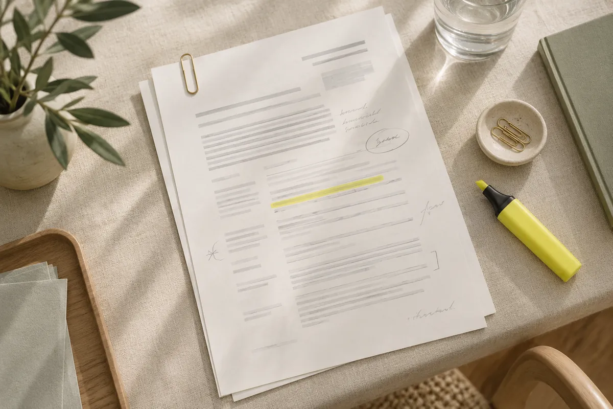 A term sheet with pencil notes and a yellow highlighter