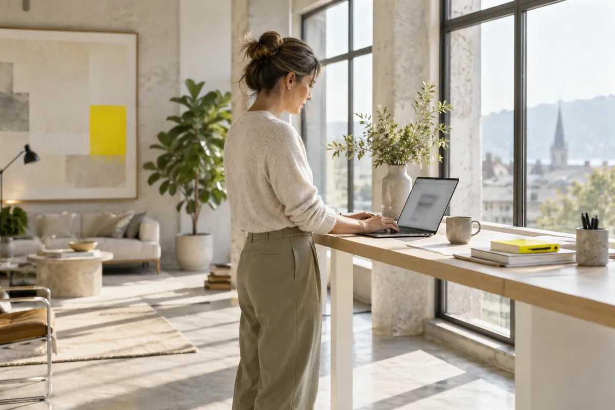 A founder typing at a standing desk in a bright loft
